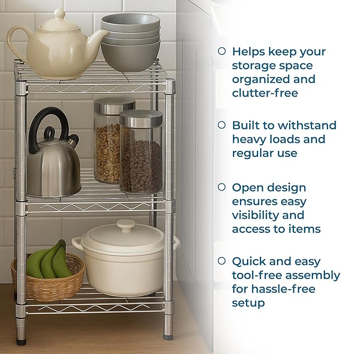 Honey-Can-Do 3-Tier Heavy Duty Adjustable Shelving Unit, 200-lb Per Shelf Stackable Modular Metal Storage Rack, Chrome Wire Shelf, 15 x 14 x 30 in