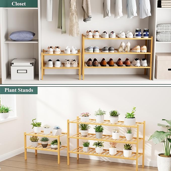 Smiry Shoe Rack, 2 Tier Small Bamboo Shoe Organizer, Stackable Free Standing Wooden Shoe Storage Shelf for Closet, Entryway, Front Door Entrance, Natural