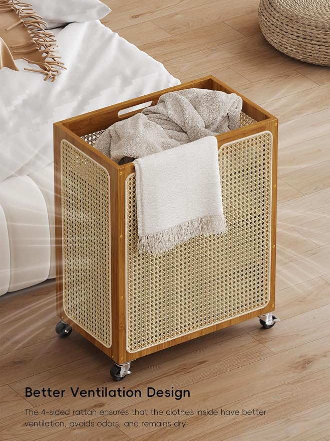 Laundry Hamper with Wheels, Decorative Boho Rattan Laundry Baskets, 90L Large Bamboo Dirty Clothes Basket Organizer, Rolling Wicker Laundry Hampers for Bathroom,Bedroom
