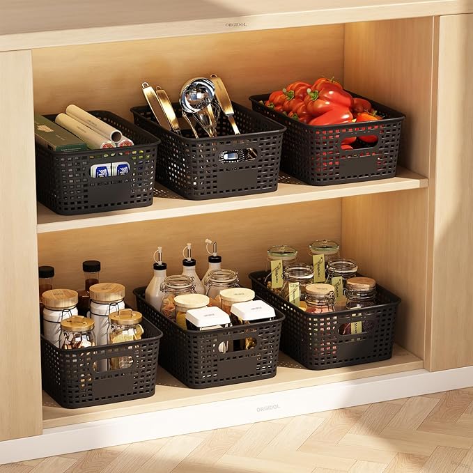ORGIDOL Plastic Storage Basket with Lids 10 Pack Stackable Black Storage Bins Containers with Lid, Decorative Storage Boxes for Organizing Shelves, Drawers, Playroom, Classroom, Office, Closet