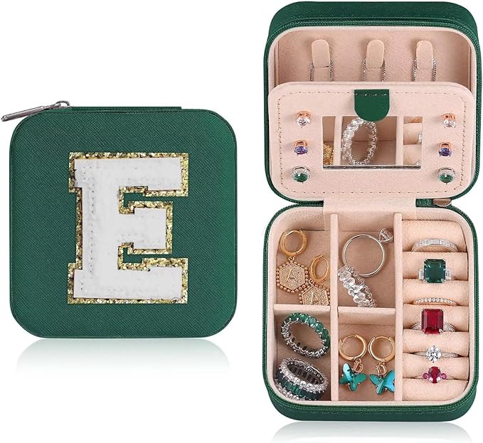 ETHOON Jewelry Travel Case Small Organizer Stocking Box Personalized Gifts Teenage Jewelry Accessories Holiday Christmas Gift for Women Green, Letter E