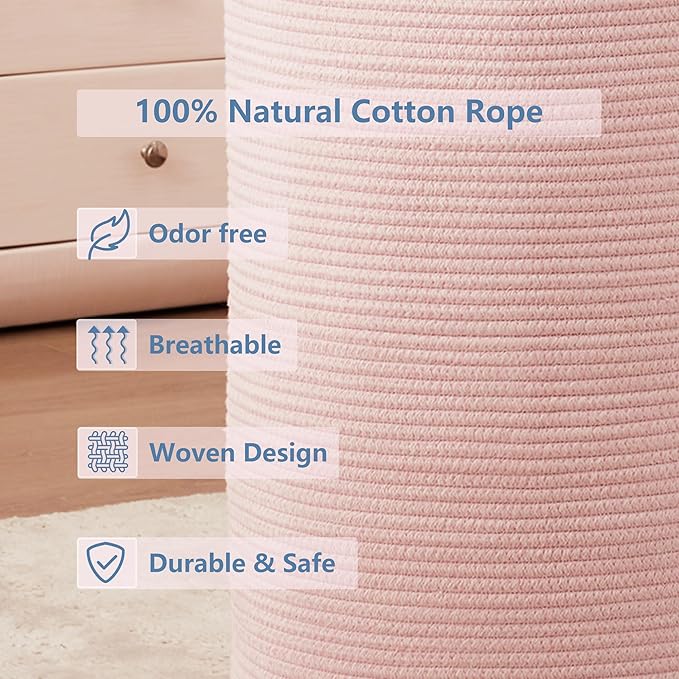 80L Extra Large Pink Hamper Laundry Basket for Baby Girls Tall Nursery Hamper for Kids Woven Rope Clothes Basket for Little Girls Room Bedroom Light Pink Kawaii 16"D x 22"H