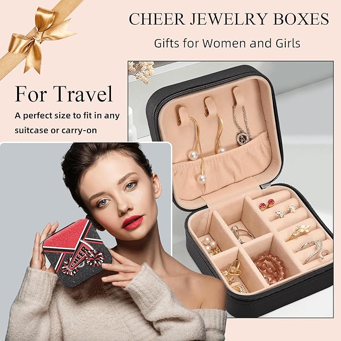 Cheerleader Jewelry Case, Mini Travel Box for Women, Cheer Team Gifts for Girls (Red)
