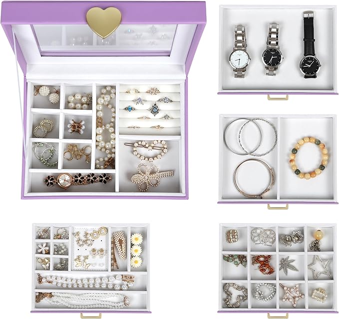 Kendal Jewelry Box, 5-Layer Jewelry Organizer Box with Glass Lid, Purple, Heart Shaped PU Leather, Storage Box for Necklace Earrings Rings Bracelets, Gift Idea for Girls LJC4DRPL