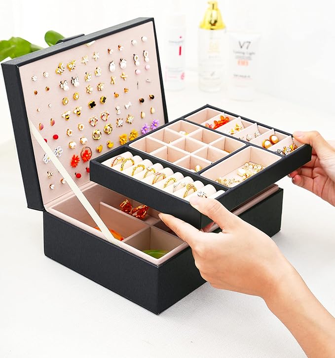 Earrings Jewelry Box for Girls, Large Capacity Jewelry Organizer with 40-Pair Earring Board, 2-Layer Leather Jewelry Storage Box for Necklaces Rings Bracelets with Removable Tray(Gift Idea),Black