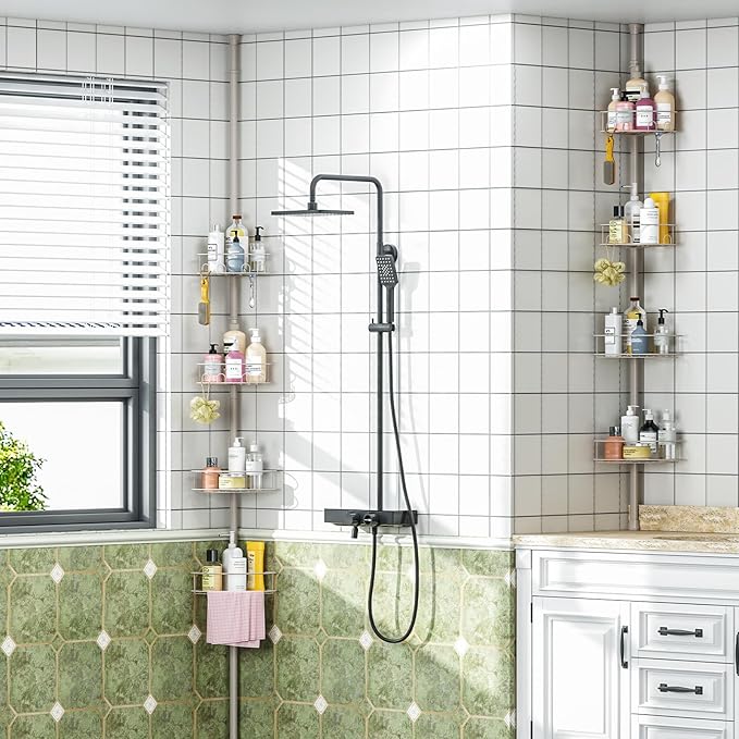 Urackify Corner Shower Caddy Tension Pole, 4 Tier Adjustable Bathroom Organizer Shelves, Shower Storage With Hidden Hook & Towel Holder,63.7-119 Inch No-Drill Quick Installation Shower Rack,Sliver