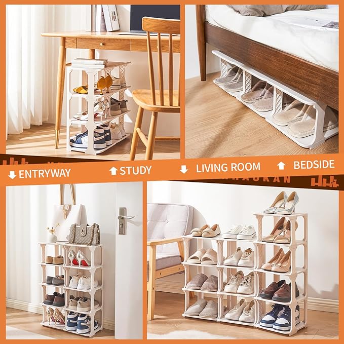 5 Tiers Shoe Rack Organizer for Closet Shoe Holder Storage Narrow Plastic Vertical, Free Standing Shoe Rack Shelf for Entryway Stackable Stability DIY, Beige