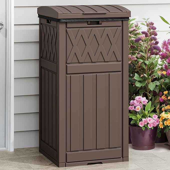 DWVO 36-Gallon Outdoor Trash Can with Fabric Bag, Tiered Lid & Drip Tray, Waterproof Resin Garbage Bin for Patio, Deck, and Backyard, Dark Brown