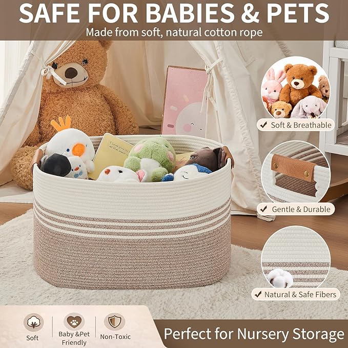 Large Woven Laundry Basket Hamper, 72L Cotton Rope Storage Bin for Blankets, Toys, Clothes, Decorative Nursery Hamper for Living Room, Baby Nursery, Bathroom, Bedroom, Kids Storage, Light Brown