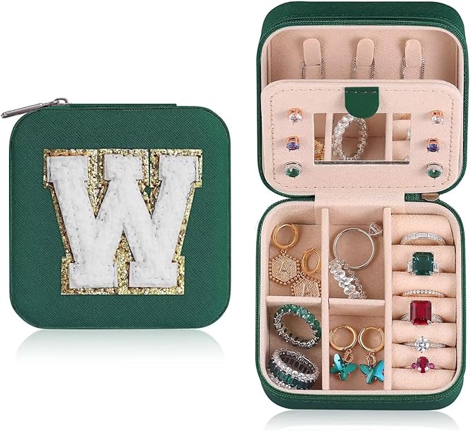 ETHOON Jewelry Travel Case Small Organizer Stocking Box Personalized Gifts Teenage Jewelry Accessories Holiday Christmas Gift for Women Green, Letter W