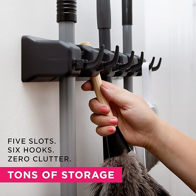 Berry Ave 5 Racks 6 Hooks Mop and Broom Holder Wall Mount, Broom Organizer Storage Tool Rack, Heavy Duty Wall Mount for Brooms and Mops, Utility Closet Garage Kitchen Laundry Organizer