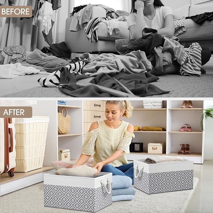 StorageTastic Storage Bins, 2-Pack Large Storage Box with Rope Handles, Collapsible Storage Basket for Organizing Books, Clothes, Rhombic Grey