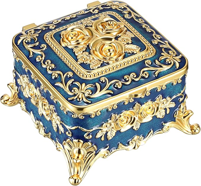 Hipiwe Metal Jewelry Box Decorative Trinket Chest Rectangular Treasure Display Case Keepsake Organizer for Earrings Ring Holder, Blue, 5.1" L x 5.1" W x 3.1" H