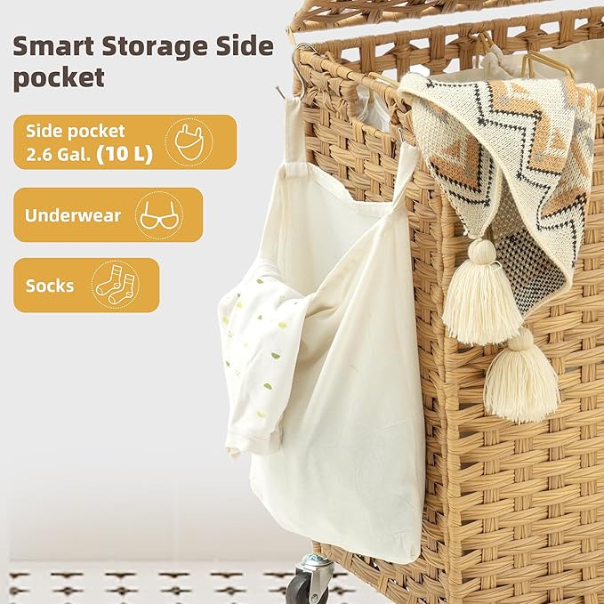Laundry Hamper with Lid, 160L Rattan Wicker Laundry Basket with Wheels, Handwoven Laundry Hamper 3-Section with Storage shelf(42.3 Gal), Laundry Sorter Basket with Removable Liner, Natural HLH033N