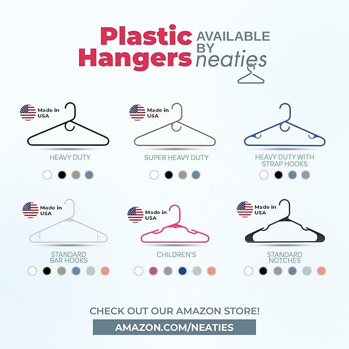 Neaties Plastic Hangers 45 Pack - Made in the USA - 6lb Capacity Standard Clothes Hangers with Strap Hooks for Dresses, Lingerie, Shirts, Pants, and Jackets - White & Gray