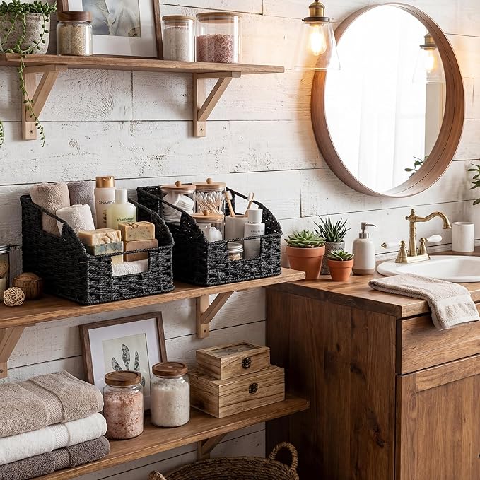 StorageWorks Pantry Organizers and Storage, Wicker Baskets with Handles, Pantry Baskets for Shelves, Paper Rope, Black, 2 Pack
