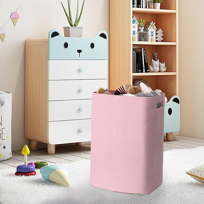 MEGASKET Large Laundry Hamper 16"x13"x22" - Tall Woven Laundry Basket, Cotton Rope Dirty Clothes Hamper, Baby Kids Nursery Wicker Laundry Basket, Bedroom Aesthetic, Soft Laundry Bin, Pink Hamper, 75L