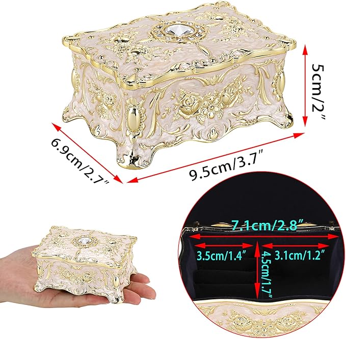 Hipiwe Vintage Jewelry Box, Small Enameled Trinket Box Organizer Rectangular Treasure Chest Box Jewelry Decorative box Keepsake Gift Box Case for Women,3.7x 2.7x 2 inch