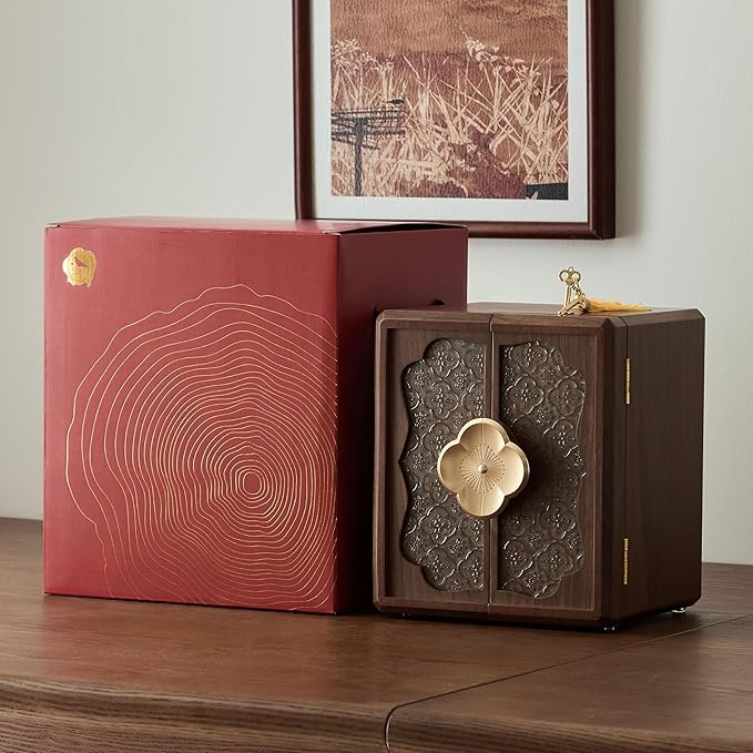 Lockable Walnut Jewelry Box with Key, 5-Layer Jewelry Organizer Storage Box for Necklaces, Rings, Earrings & Bracelets - Mothers Day Gifts for Mom