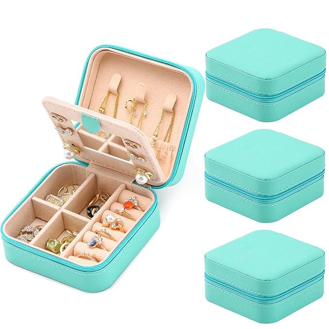 Neveika Jewelry Box with Mirror,Small Jewelry Organizer Box,Travel Jewelry Case for Women,Gift Jewelry Boxes for Female Girls (4pcs mirror blue)