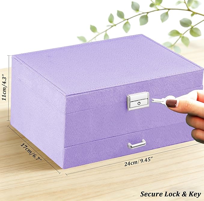 QBestry 3-Layer Jewelry Box for Girls & Teens with Lock and Key, Large Jewelry Organizer with 8 Necklace Hooks & 56 Earring Holes, Violet Velvet Jewelry Storage Box for Necklace Earring Ring Bracelet