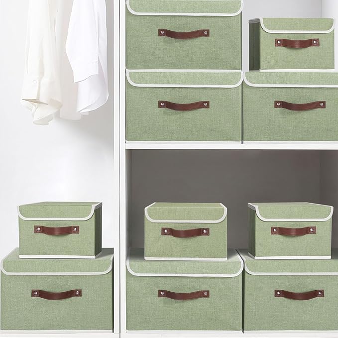 ANMINY 2PCS Storage Bin with Lid Storage Boxes with PU Leather Handles PP Plastic Board Decorative Foldable Lidded Cotton Linen Fabric Home Cubes Baskets Closet Organizer Container - Green, Medium