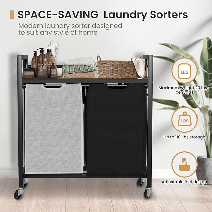 SwaaVee Laundry Hamper, Laundry Basket, Laundry Sorter with 2 Removable Bags, Clothes Basket with 2 Compartments, Wheels, Shelf for Laundry Room Bathroom Bedroom (2 Bags-Black Grey)