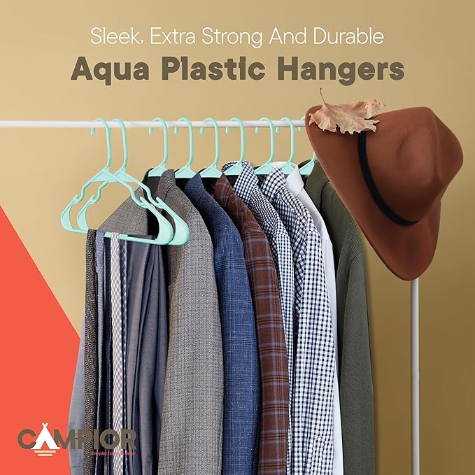 Plastic Clothes Hangers – Heavy Duty Hanger Set, for Organizing Clothes, Dresses, and Coat, Holds Up to 5 lbs, Space-Saving Hangers with Non-Slip Shoulder Grooves, Pack of 5, Aqua