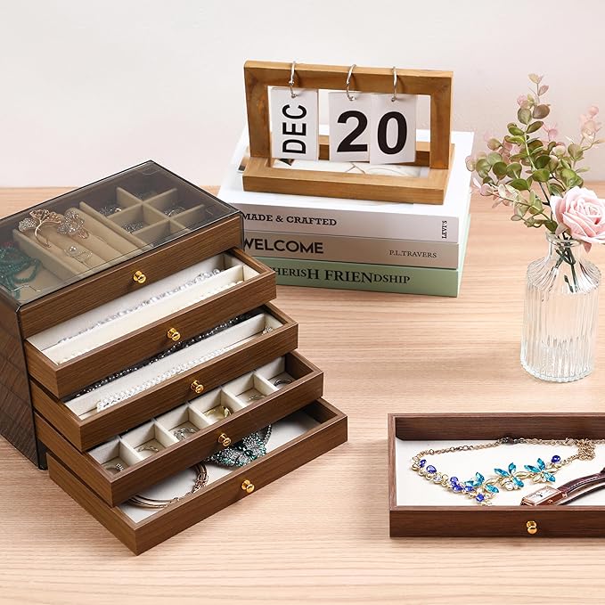 CLUQMEIK 5 Layer Large Wooden Jewelry Box with Acrylic Lid and Wooden Drawers, Stackable Jewelry Organizers and Storage Box for Women and Girls to Storing Rings Earrings Necklaces Bracelets