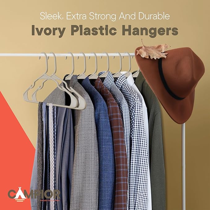 Plastic Clothes Hangers – Heavy Duty Hanger Set, for Organizing Clothes, Dresses, and Coat, Holds Up to 5 lbs, Space-Saving Hangers with Non-Slip Shoulder Grooves, Pack of 120, Ivory