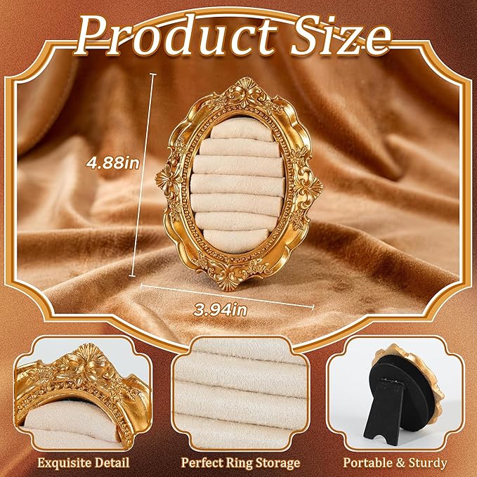 Vintage Ring Holder Rectangle Gold Velvet Display Stand - Baroque Jewelry Organizer Box Tray for Wedding Engagement Anniversary Women Birthday Christmas Gift Photograph Prop (MPF05-White)