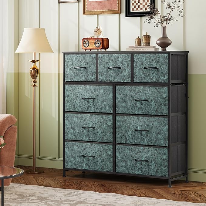WLIVE 9 Drawer Dresser, Fabric Storage Tower for Bedroom, Hallway, Closet, Tall Chest Organizer Unit for Bedroom with Fabric Bins, Steel Frame, Wood Top, Easy Pull Handle, Vintage Green