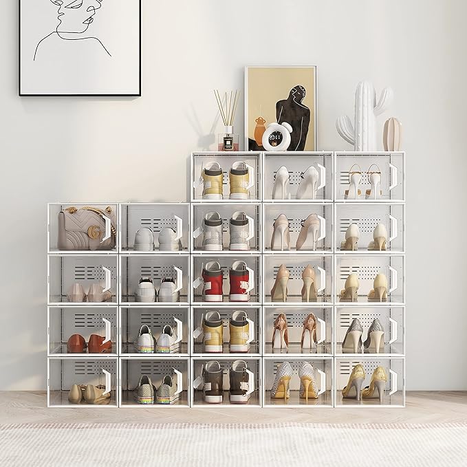 SEE SPRING XX-Large Shoe Storage Box Fit Size 14, Clear Plastic Stackable Shoe Organizer for Closet, Space Saving Sneaker Shoe Rack Containers Bins Holders for Entryway, Under Bed, 12 Pack Black