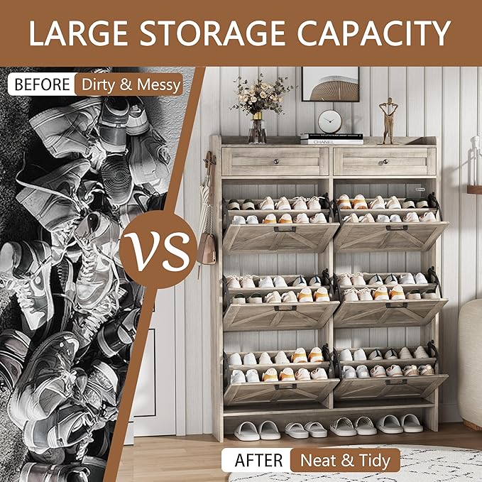 Shoe Cabinet with 6 Flip Drawers & 2 Top Drawers, 57" Tall Freestanding Narrow Wooden Shoe Storage Organizer for Entryway, Hidden Slim Shoe Rack for Front Door Entrance, Hallway, Living Room, Grey