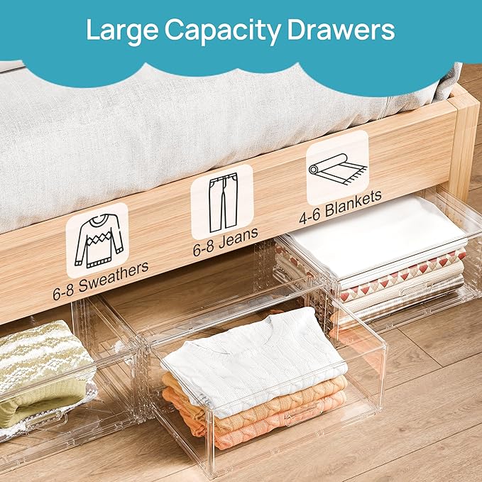 Vtopmart 3 Pack Large Clear Stackable Storage Drawers 27QT, Easily Assemble Plastic Closet Storage Bins, Dust-Proof UnderBed Organizer for Clothing, Sweater Organization