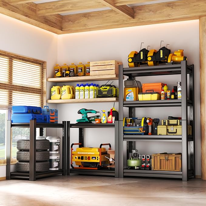 Storage Shelves, Garage Metal Shelving Unit, Adjustable, Double-Layer Column with Reinforced Ribs, Heavy-Duty, Capable of Bearing 600-3600 lbs (Black, 24 * 14 * 44, 4-Tier)