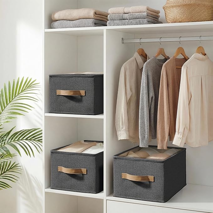 LayerSpace 3 Pack Fabric Storage Bins for Shelves | 14¾" L*10¼" W*8¼" H Closet Storage Bins | Collapsible Closet Organizers for Clothes | Linen Clothes Bins | Black