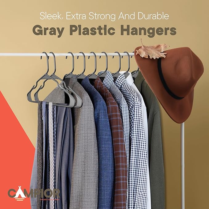 Gray Plastic Hangers 150 Pack– Heavy-Duty Plastic Hangers Slim and Space-Saving, Durable and Lightweight PP with Non-Slip Shoulder Notches for Slip Dresses, Suits, Jackets & Camisoles