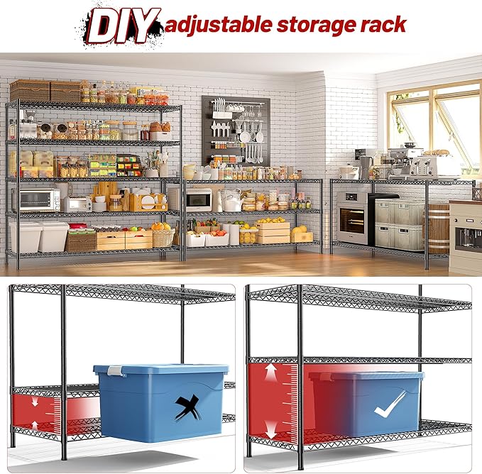 REIBII 55.5" W Storage Shelves 3200LBS Wire Shelving Unit 5 Tier Metal Shelving Heavy Duty Garage Shelving Metal Shelves for Storage Rack Adjustable Pantry Shelf, 55.5" W X 18''D X 71" H, 4PCS