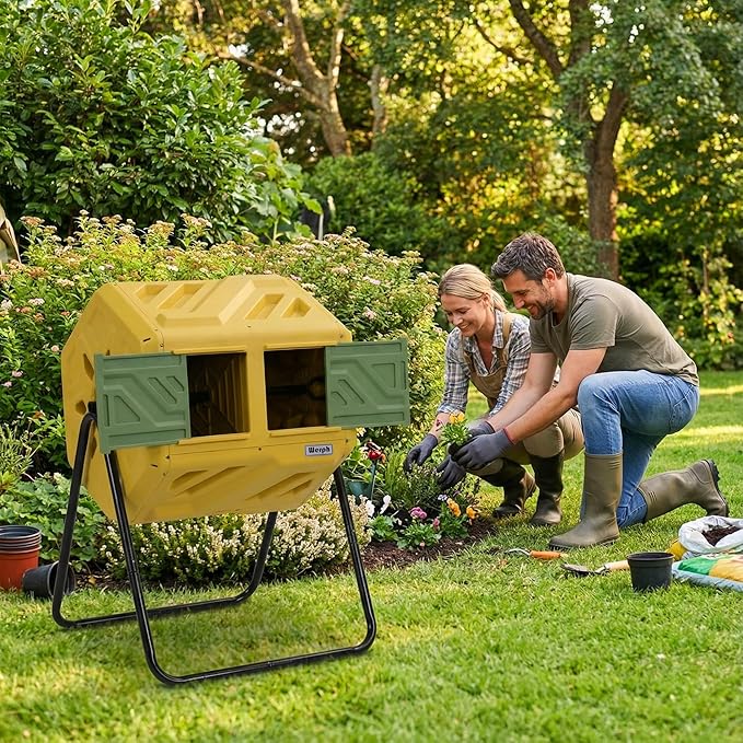 Werph Updated 43 Gallon Dual-Chamber Compost Bin, Fast Assembly Outdoor Compost Tumbler, Rotating Batch Composter Bin with Gloves for Garden, Kitchen, and Yard