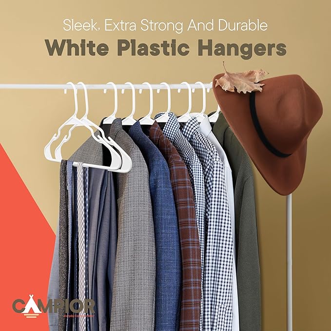 White Plastic Hangers 10 Pack– Heavy-Duty Plastic Hangers Slim and Space-Saving, Durable and Lightweight PP with Non-Slip Shoulder Notches for Slip Dresses, Suits, Jackets & Camisoles