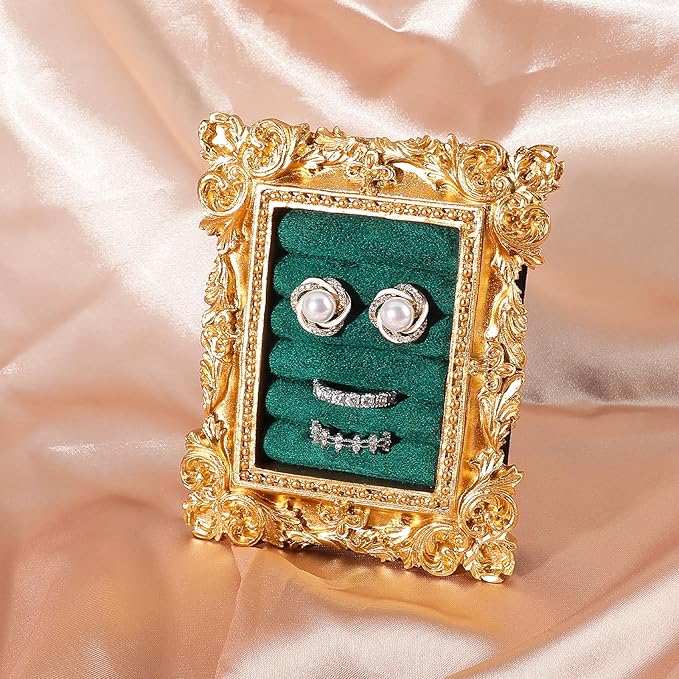 Vintage Ring Holder Rectangle Gold Velvet Display Stand - Baroque Jewelry Organizer Box Tray for Wedding Engagement Anniversary Women Birthday Christmas Gift Photograph Prop (MPF05-Gold Green)