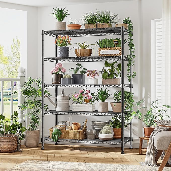 REIBII 73''H Storage Shelves 1660LBS Wire Shelving Unit with Wheels 5 Tier Metal Shelving,Heavy Duty Metal Shelves for Storage Rack,Commercial Industrial for Garage Kitchen 73''HX35''WX15''D,Black