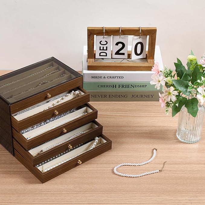 CLUQMEIK 5 Layer Necklace Jewelry Box, Vintage Wooden Jewelry Box with Acrylic Cover Stackable Necklace Storage Organizer for Women and Girls to Storing Necklaces