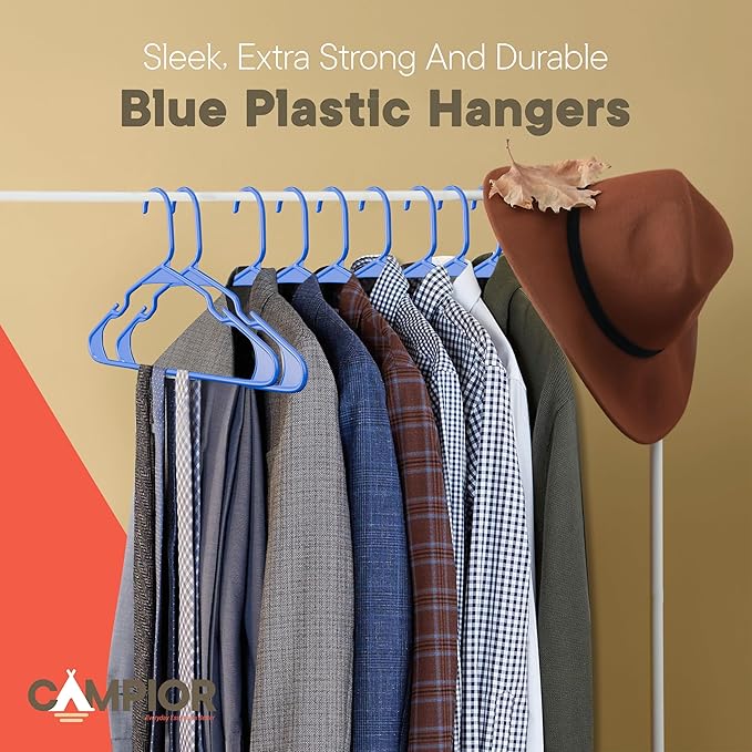 Plastic Clothes Hangers – Heavy Duty Hanger Set, for Organizing Clothes, Dresses, and Coat, Holds Up to 5 lbs, Space-Saving Hangers with Non-Slip Shoulder Grooves, Pack of 100, Blue