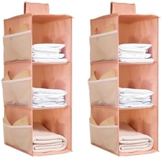 Hanging Closet Organizer, 4-Section Storage Shelves, Oxford Cloth with Mesh Pockets, (Pink, 3 Section) by Fasolara