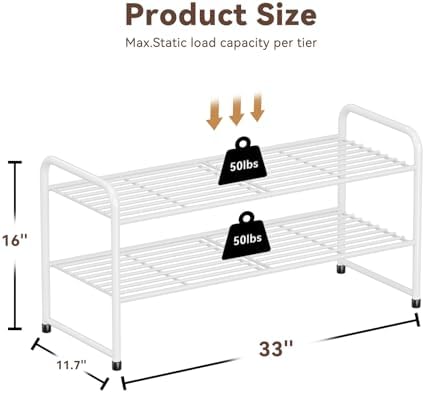 2 Pack 2-Tier Shoe Rack, 33" Wide Shoe Shelf Storage Organizer for Entryway, Closet, Large Capacity, Metal Wire Grid, White - Image 3