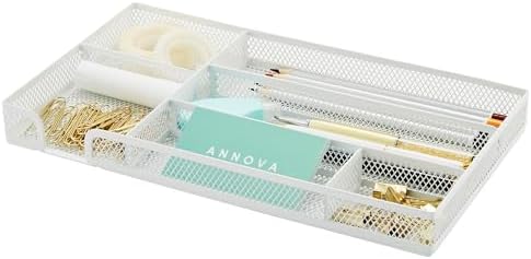 Annova Desk Drawer Organizer Tray for Office Organization - Metal Mesh - Storage Tray with Dividers for Pens, Desktop Accessories, Bathroom, Kitchen, Makeup and Office Supplies (Small, White) by LivingNecessities