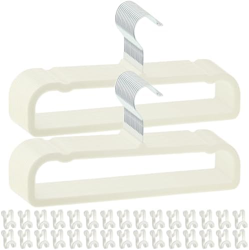Pants Hangers Space Saving, 30 Pack Velvet Hangers for Closet with 30 Hooks, Strong Durable Non Slip Slim Clothes Hanger, Ultra Soft Flocked Hanger for Pants, Shirts, Bra, Shorts (Cream) by Wensdr