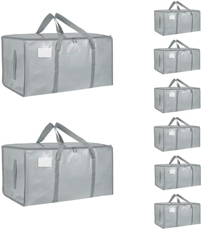 8 Pack-Extra Large Heavy Duty Moving Bags - Waterproof Storage Totes with Handles & Zippers, Foldable for College Dorm, Storage (light gray) by Unknown